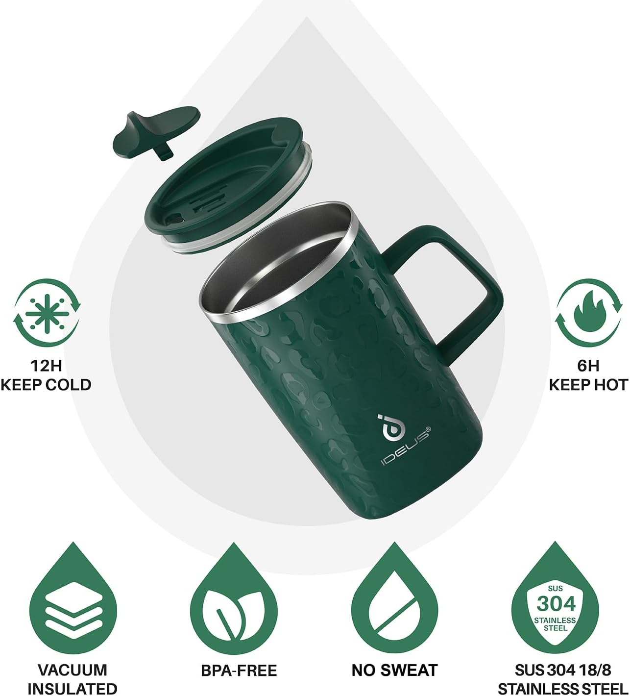 Ideus Vacuum Insulated Coffee Mug, 16oz Reusable Stainless Steel Thermal Double Walled cup with Handle and Slider Lid for Hot & Cold Beverages, BPA Free (Leapord Dark Green) - Image 2