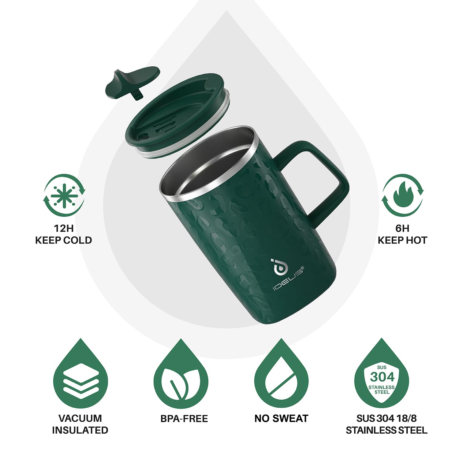 Ideus Tazza da caffè isolata sottovuoto, 470 ml, riutilizzabile, in acciaio inox, a doppia parete, con manico e coperchio scorrevole, per bevande calde e fredde, senza BPA (verde scuro Leapord)