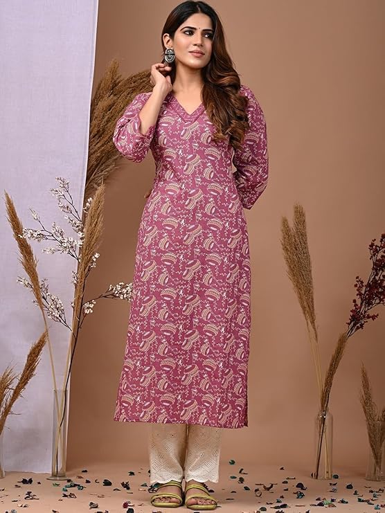 Image of RAINDROP Womens Printed Cotton Straight Kurta for Girls Regular Wear Long Top