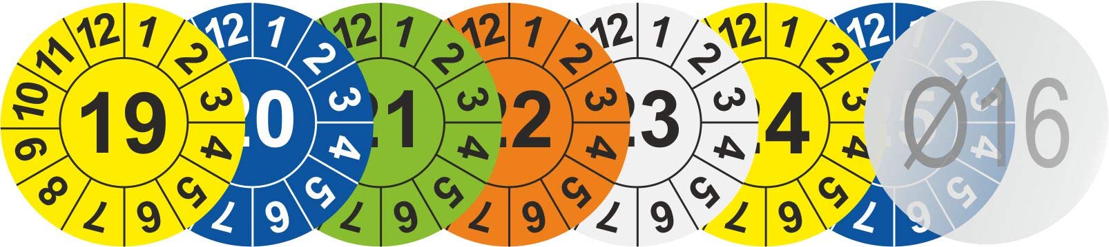 Prüfplaketten 2027 - orange - einjährig Ø 16 mm: 250 Stück mit wechselnden Jahresfarben - Staffelpreise für Businesskunden ab 3, 6, 11 VE