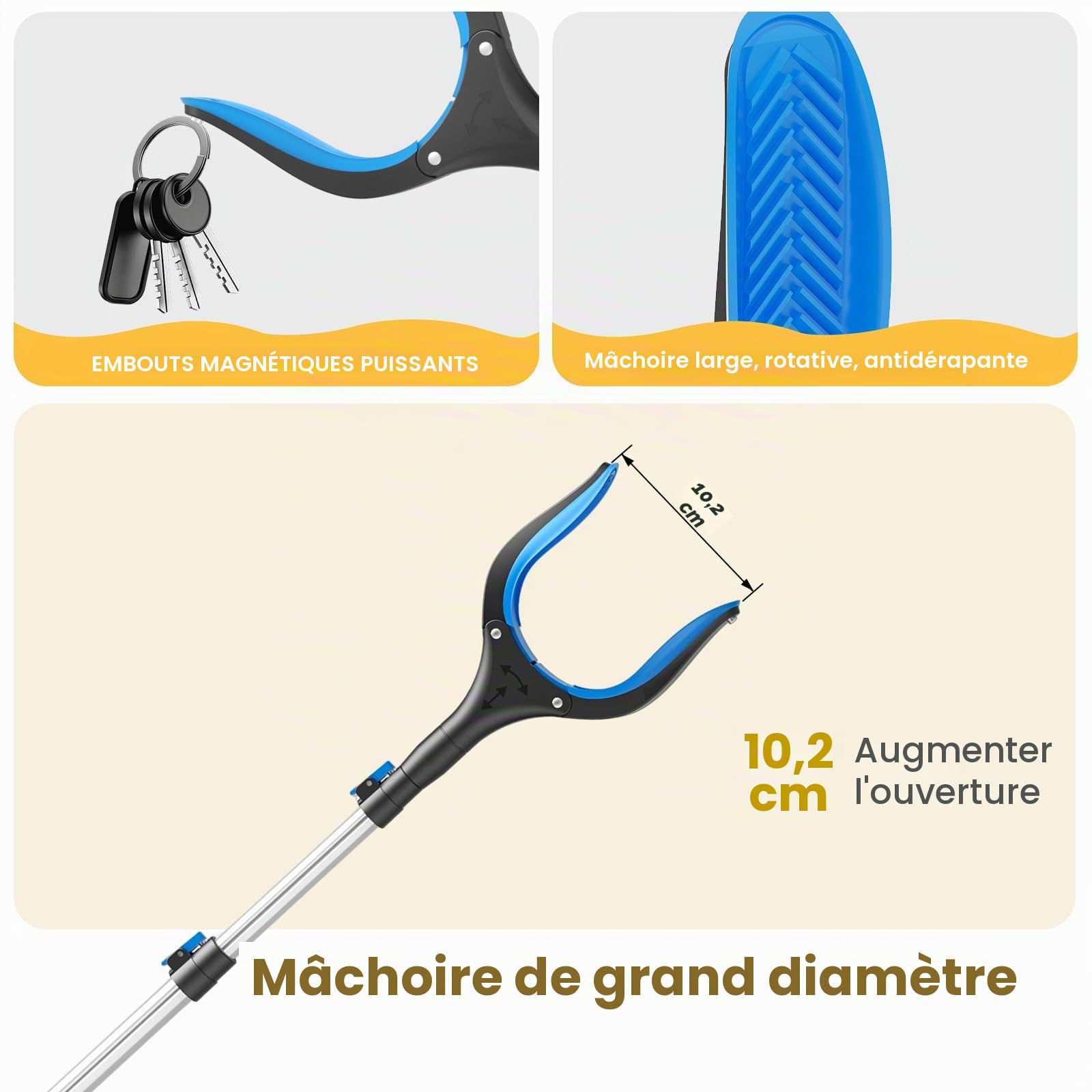 Pince Ramasse-Objet Télescopique 5 Niveaux (58-104 cm) - Ramasse Feuilles Mortes, Déchets, avec Aimant - Canne Grappin Longue Jardin, Personnes Âgées, Sans Se Baisser (Blue)