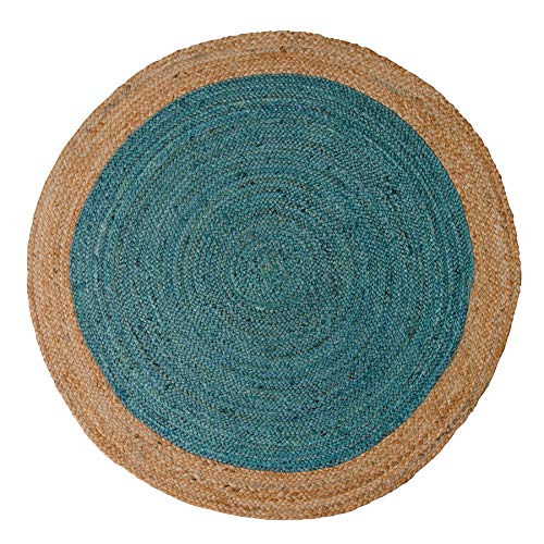 Indian Arts Alfombra de yute de colores con borde natural (90 cm, turquesa)