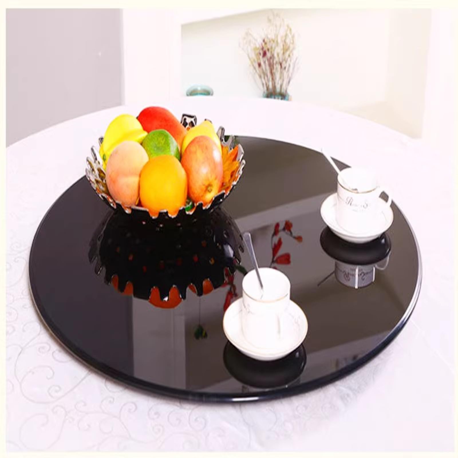 Plateau Verre Rond Plateau Tournant Salle A Manger 80 Cm (30 Pouces) Verre Trempée Lazy Susan Turton Susan pour Table À Manger, Plateau De Service Rotatif Rond - Noir (Size : Ø 60cm/24inch)