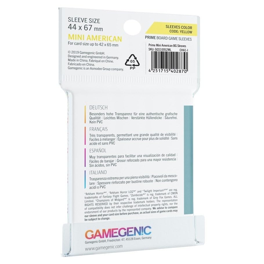 Gamegenic Prime Mini Card Sleeves - 50ct, 44x65mm, 100 Micron, Compatible With Arkham Horror LCG, Twilight Imperium