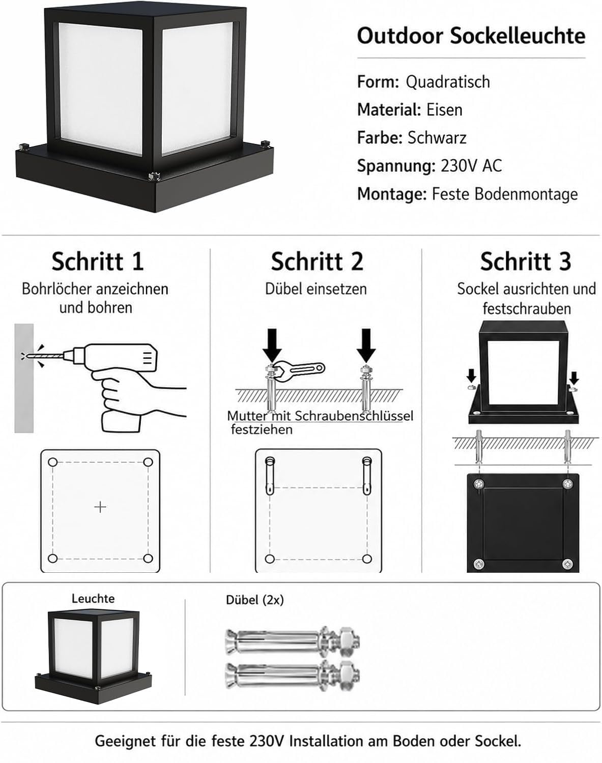 Sockelleuchte Außen 15W LED IP65 Metall E27 Gartenlampe 3 Farbtemperaturen 3000K/4000K/6000K Wegeleuchte Schwarz