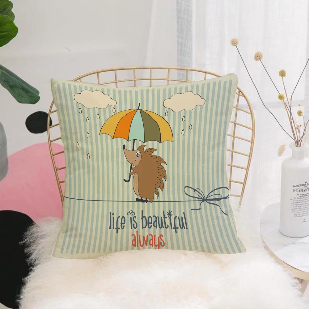 HYOSXW Cushion Cover,Throw Pillow Case Home Decorative for Living Room Bedroom Sofa Chair 16X16 Inch,Quote, Acrobat Hedgehog Holding Hold Umbrella and Life is Always Text, Multicol,Pillowcase 40X40cm