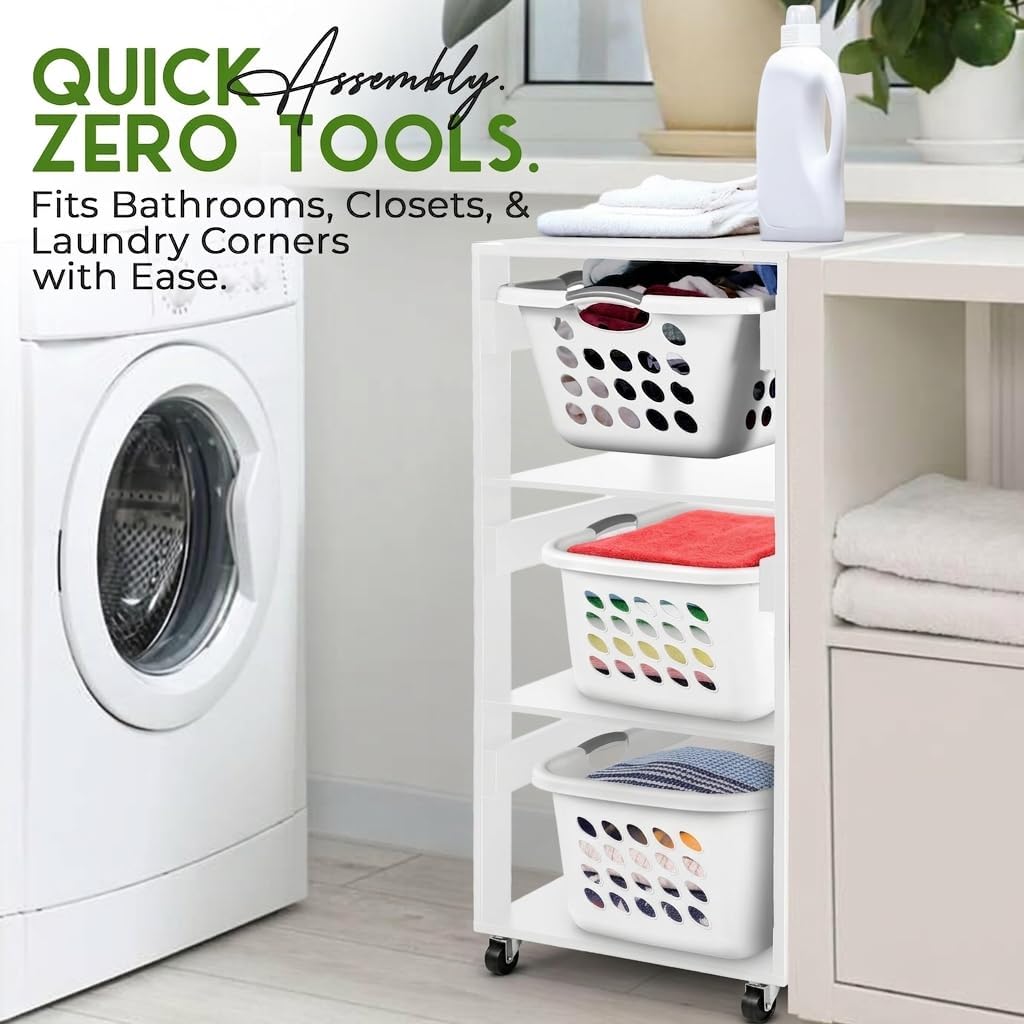 Laundry Basket Holder Shelf – Stackable Engineered Wood Laundry Tower, Tiered Hamper Organizer for Bathroom, Bedroom, Closet (White, 3 Tier)