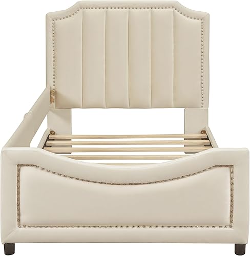 Miniatura 5 de Mancofy Sofá cama tapizado tamaño individual, bonito sofá cama de terciopelo con cabecera clásica en forma de rayas, marco de cama de plataforma