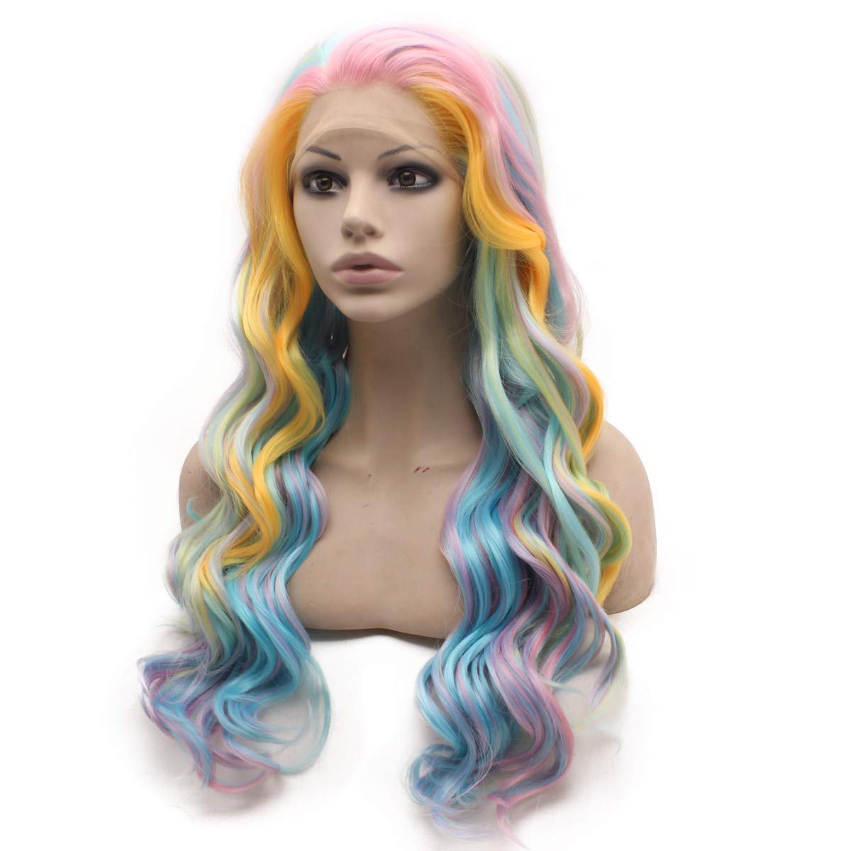 MX angel Long Wavy Sky Blue Yellow Colorful Lace Front Wig Heat Resistant Fiber Cosplay Synthetic Hair Wig