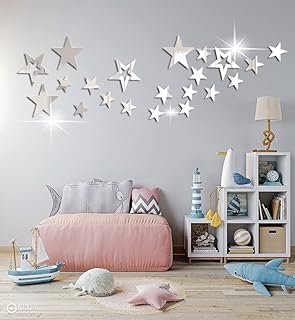 aooyaoo 26pcs Stars Acrylic Mirror Wall Stickers, 4 Sizes, Silver Stars,...
