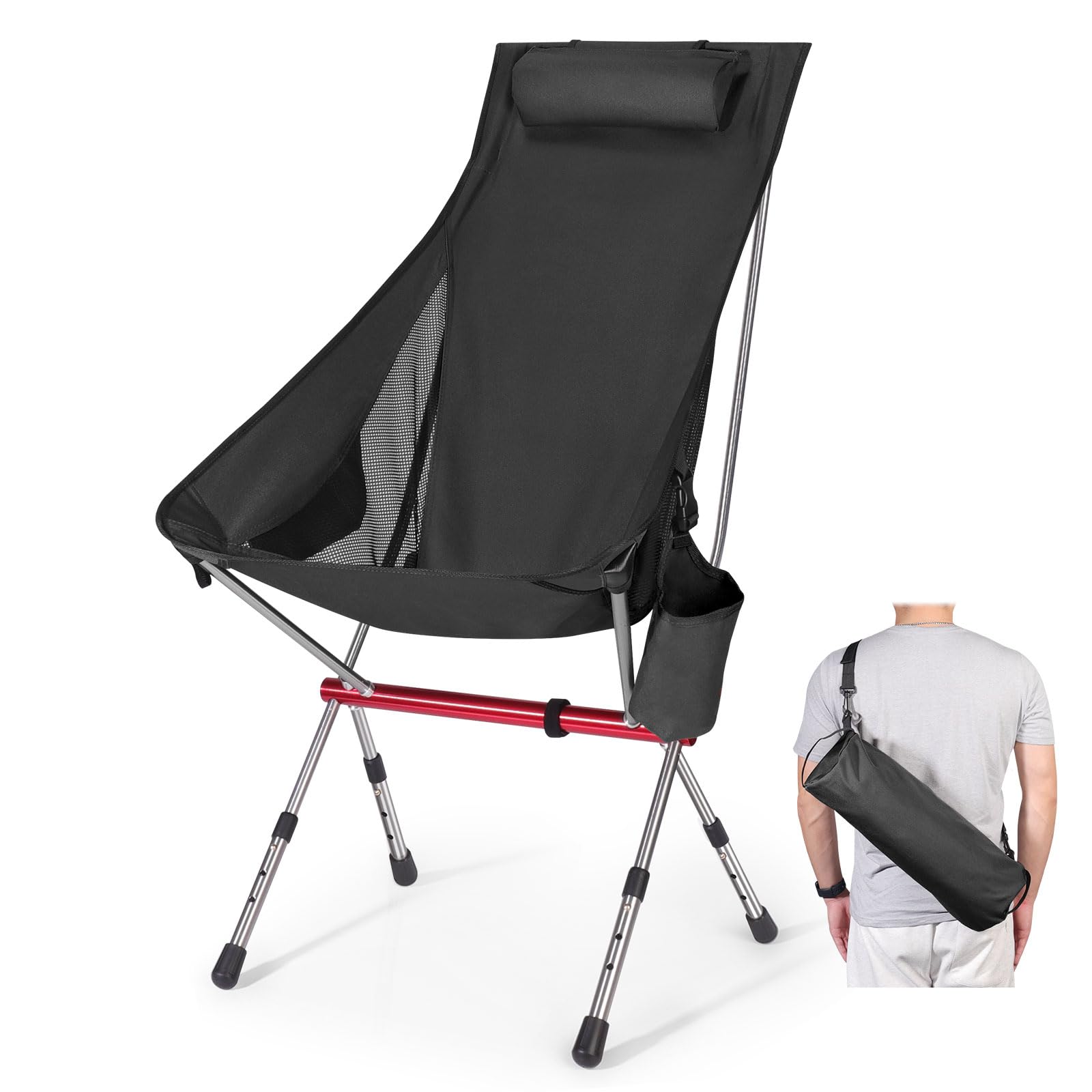 OKYUK Foldable Camping Chair, Breathable High Back & Adjustable Height, Lightweight 1.5kg for Spring Summer Outdoor, Garden, Beach, Festivals (Black, 120kg Capacity)