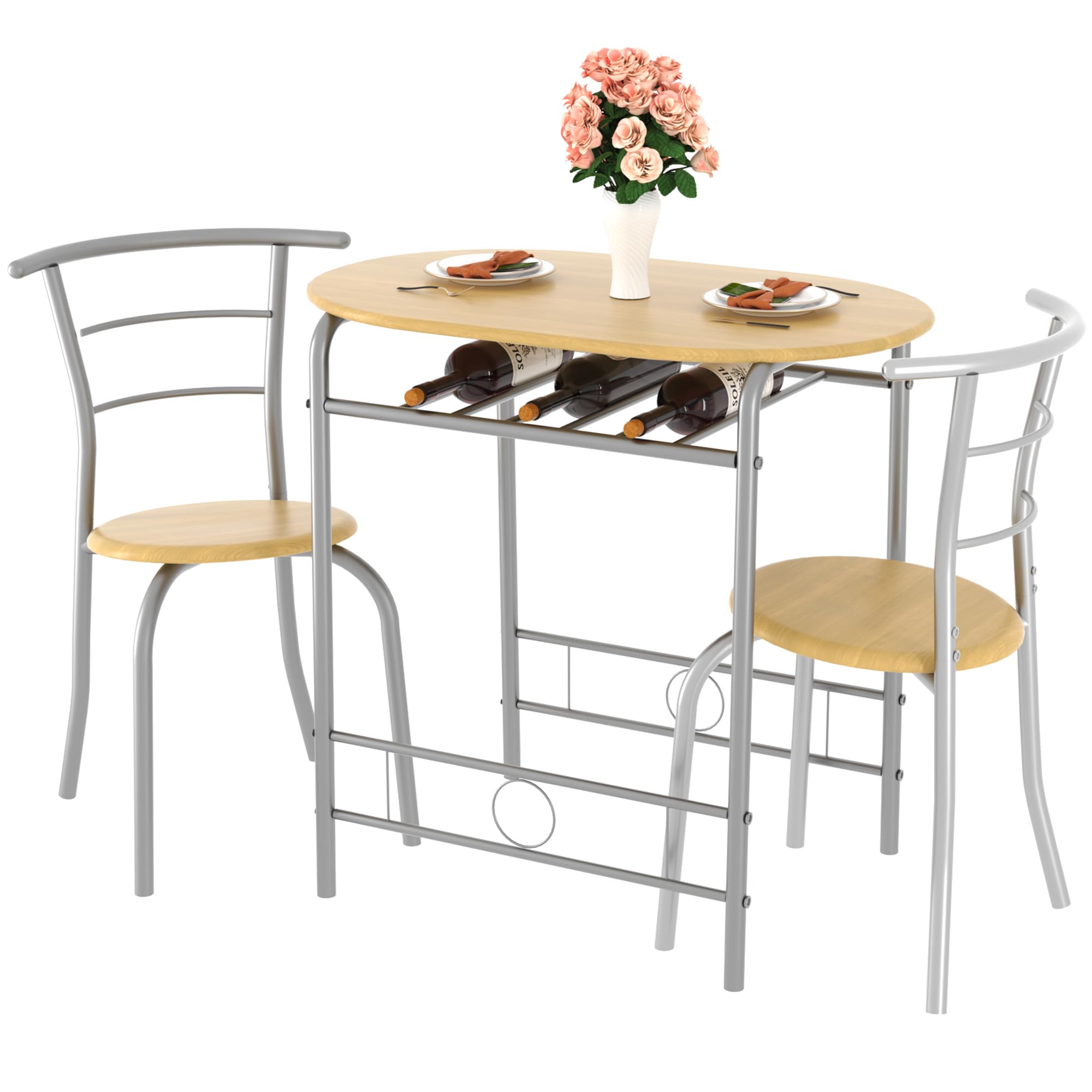 Photo 1 of VECELO 3 Piece Small Round Dining Table Set for Kitchen Breakfast Nook, Wood Grain Tabletop with Wine Storage Rack, Save Space, 31.5", Natural & Silver Natural & Silver 31.5"