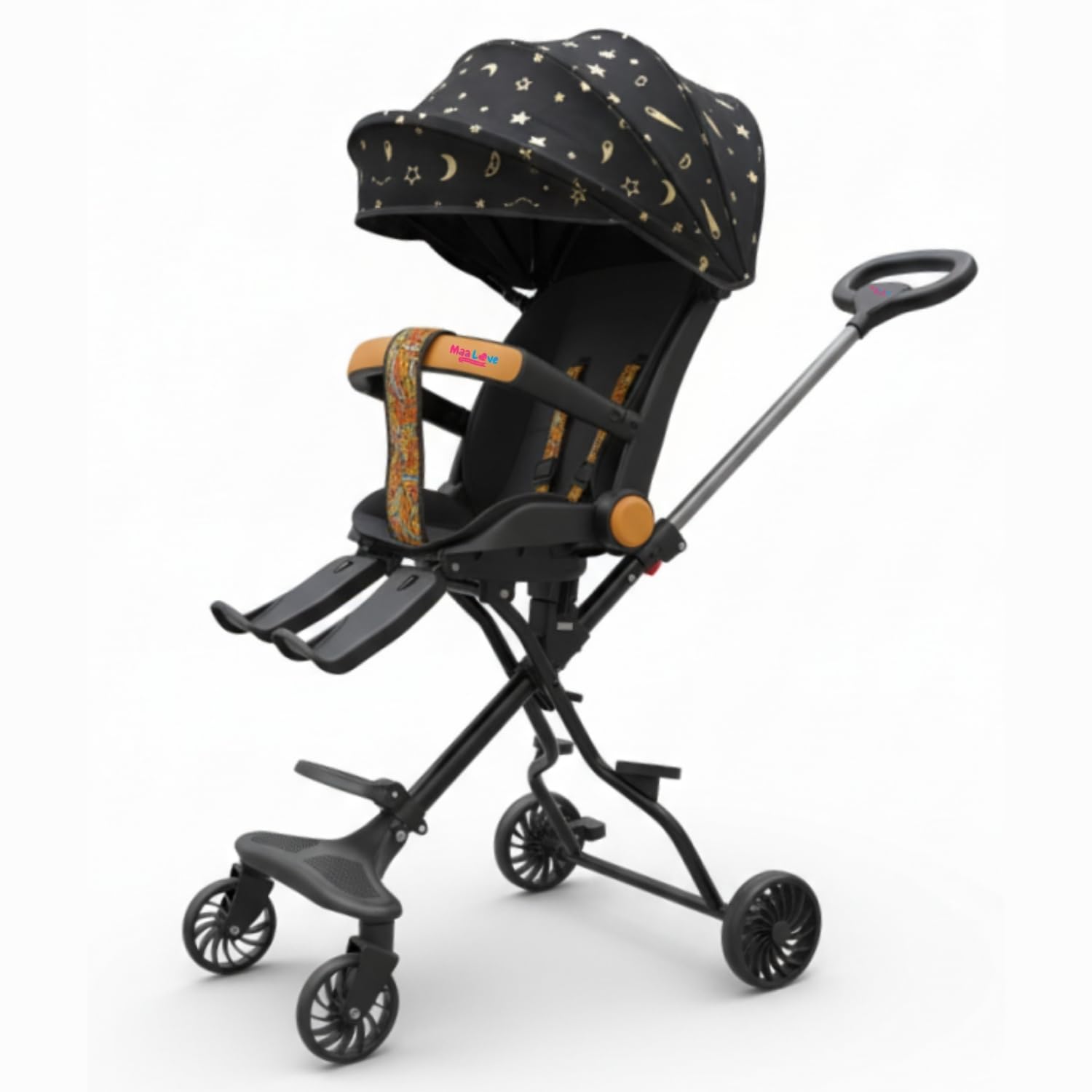 Maa Love Morden Baby Stroller/Pram With Leg For Kids 0 to 3 year, 5 Point Safety Harness, Seat with 360° Rotation ,Adjustable backrest Girl & Boy With Multi -Level Adjustment Canopy ,360° Swivel Wheel, Reversible Handlebar (Black)-image-2