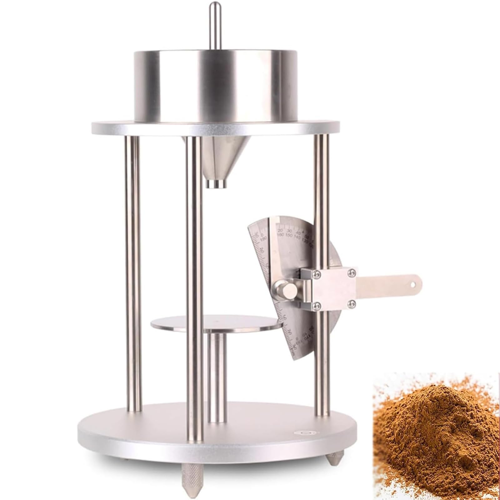 Tester kąta spoczynku proszku, przyrząd do pomiaru kąta osadzania kurzu, lejek ze stali nierdzewnej 60°±0,5°, dysk 80 mm, port wylotowy 5 mm do pomiaru proszku