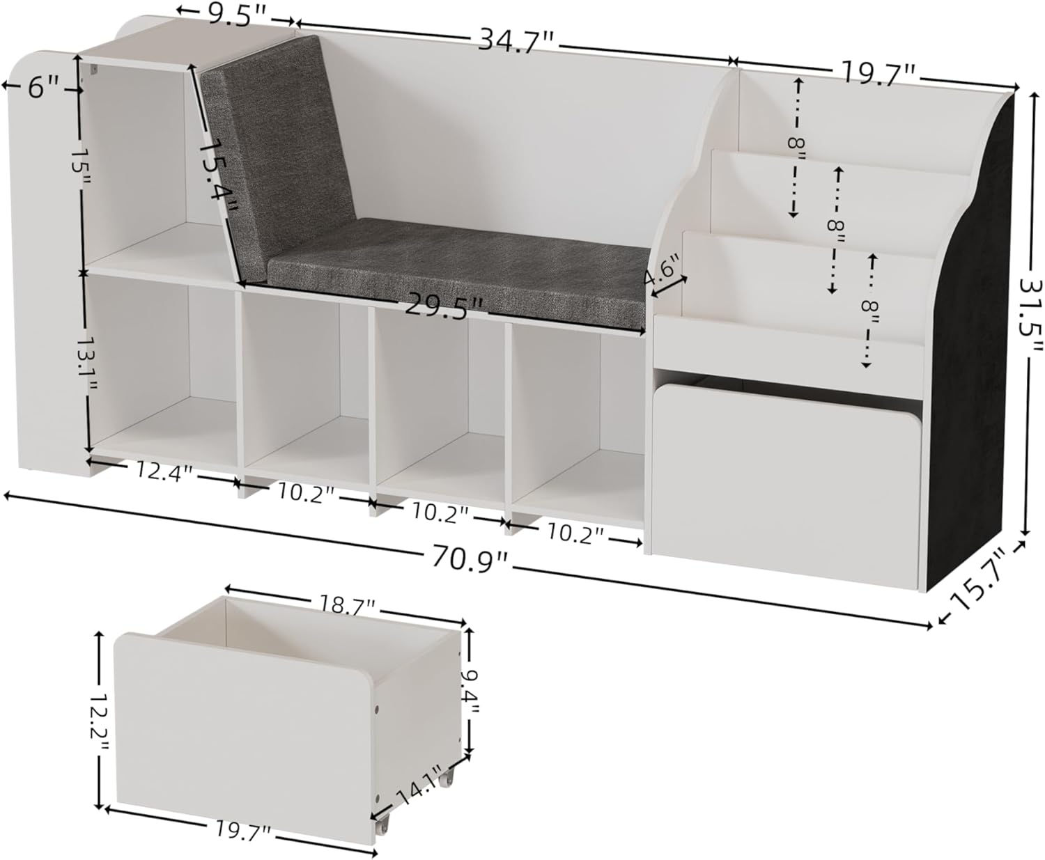 PAKASEPT 70.9”Kids Reading Nook with Bench and Chalkboard, Wooden Kids Bookshelf and Toy Storage,Toy Organizer for Boys & Girls for Playroom