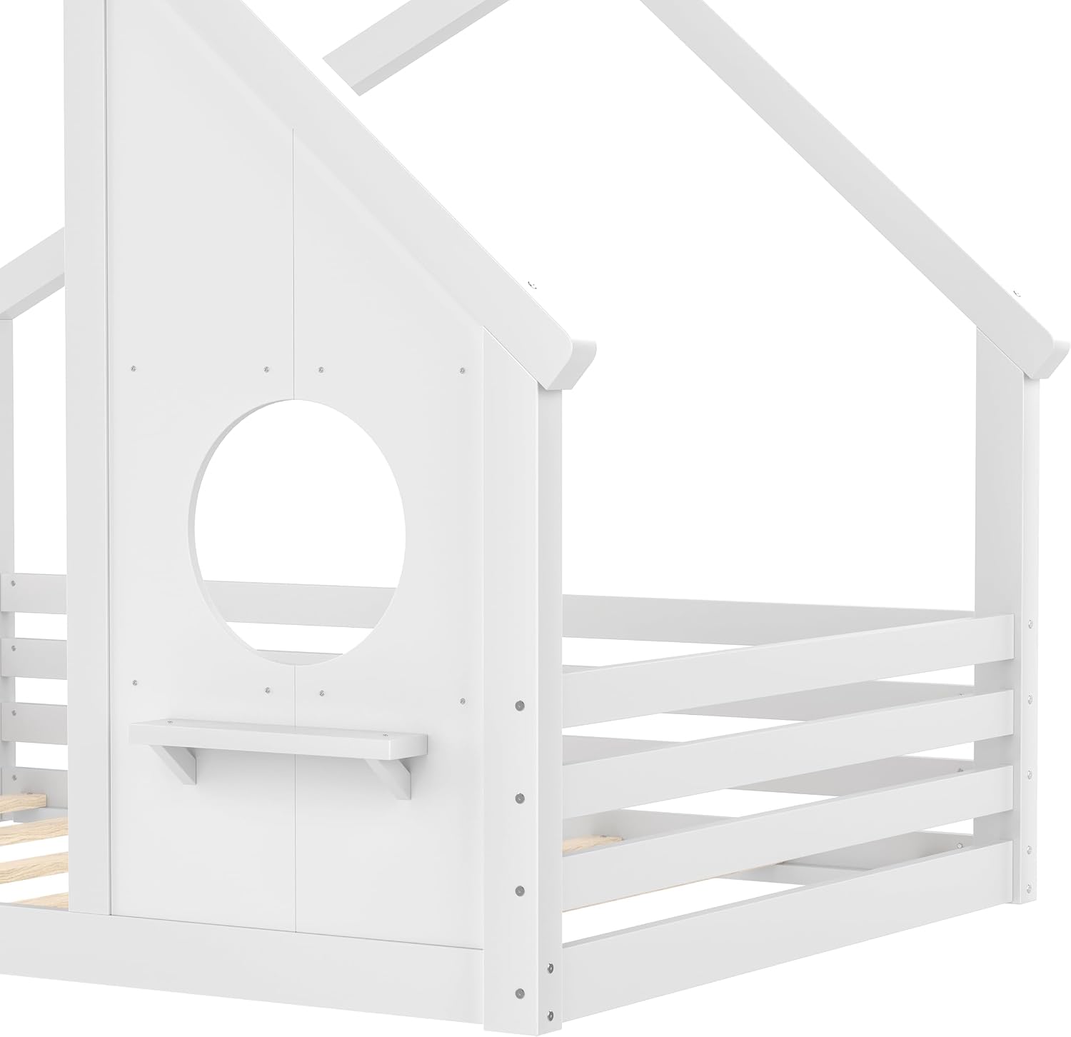 Bellemave Full House Bed for Kids with Full-Length Guardrails & Slats, Wood Montessori Floor Bed Frame with Window & Shelf, Full Size Floor Bed for Bedroom, No Box Spring Needed, White