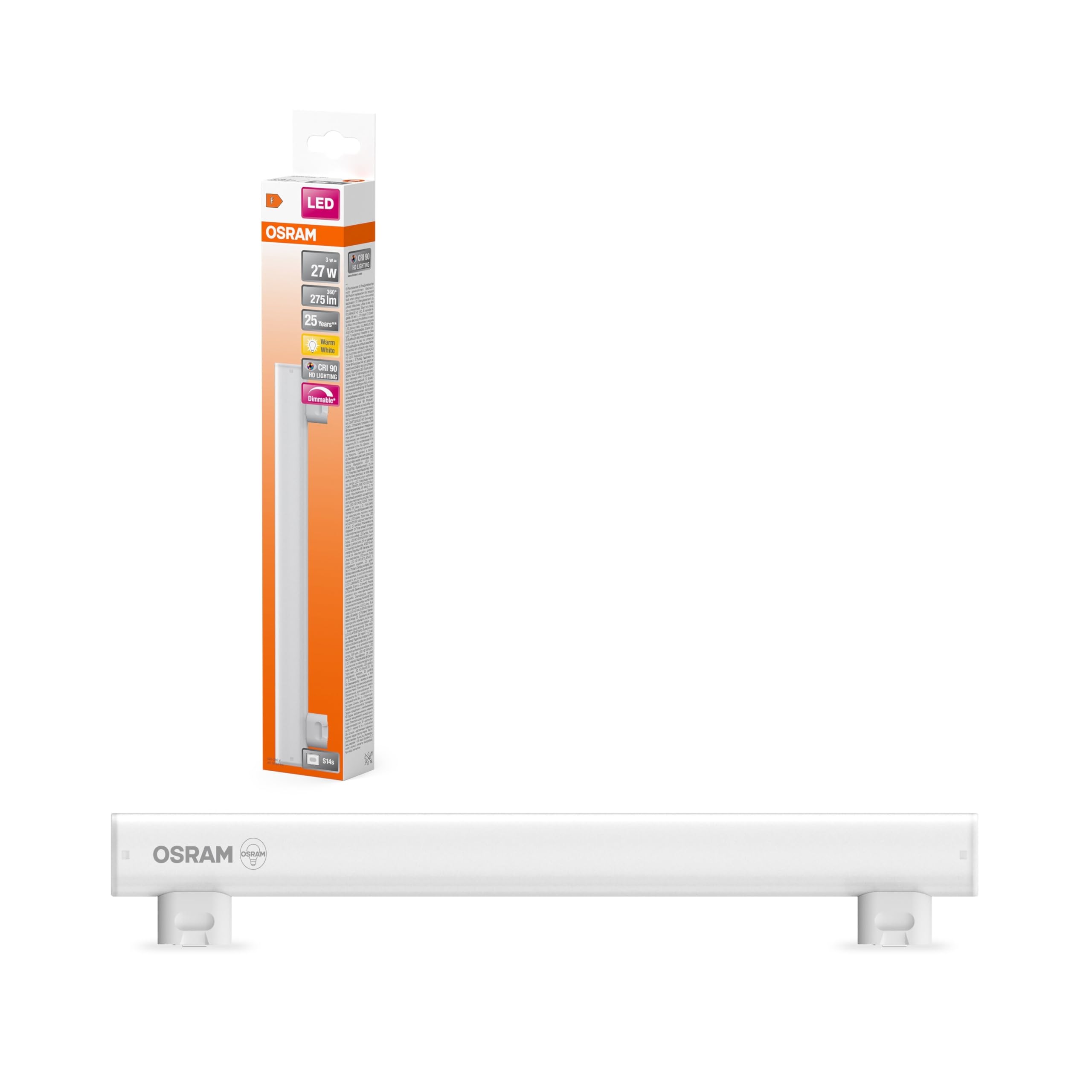 OSRAM LEDinestra Frosted Plastic Rod, S14s Base, Dimmable, Warm White Light 2700K, 30 cm Long, 3 W, 275 Lumens, Excellent Colour Rendering with CRI 90, EEK F.