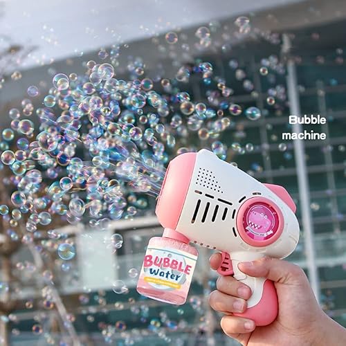 Miniatura 8 de Pistola de burbujas, máquina de burbujas para niños pequeños de 2 a 14 años, soplador eléctrico de dinosaurios con 1 botella de solución de recarga