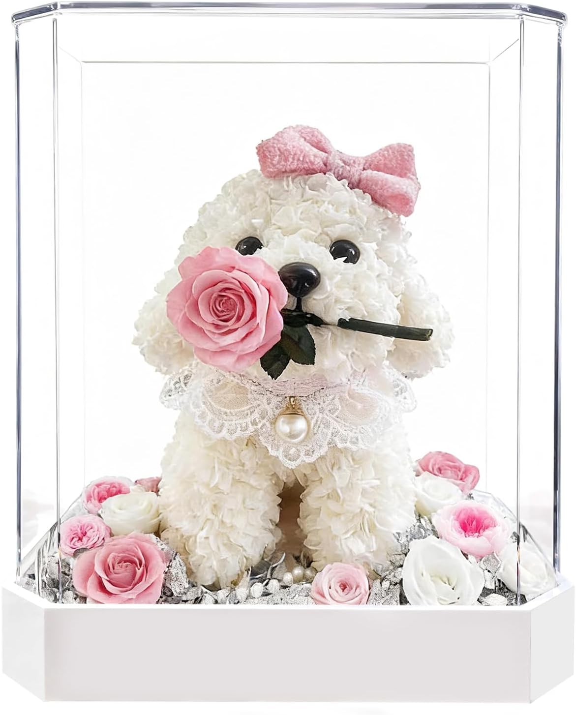 JoyFlower Preserved Flowers Cute Teddy Dog, Eternal Rose & Hydrangea Romantic Gift with Acrylic Cover for Girlfriend Wife Her Women on Valentine's Day, Birthday, Wedding, Anniversary, Christmas(Pink)