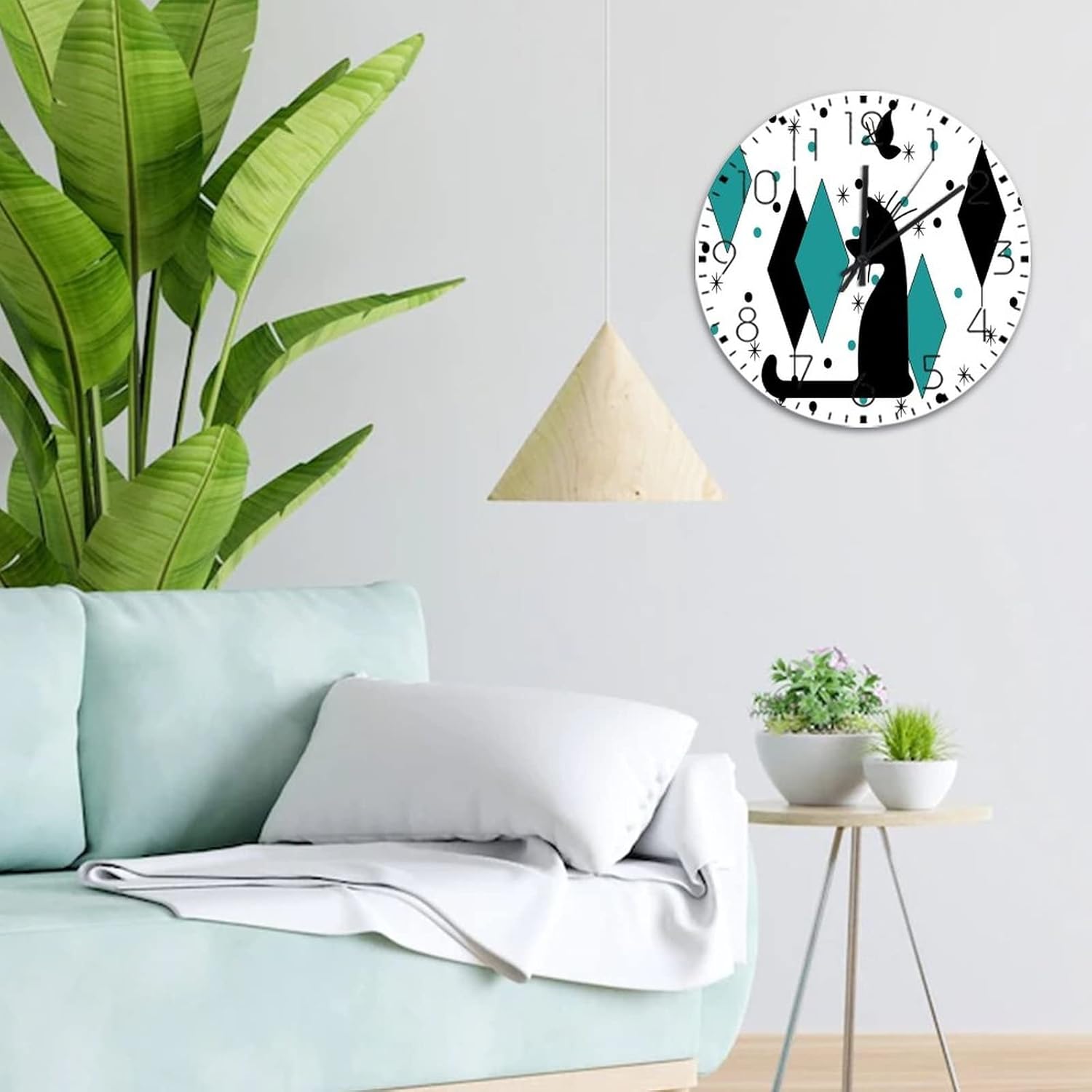 Silent Wall Clock Non-Ticking Sweep Movement Geometric Rhombus Black Cat Personalized Wall Clocks Abstract Striped Boho Wall Decor for Restroom Garage Exercise Room 12 Inch