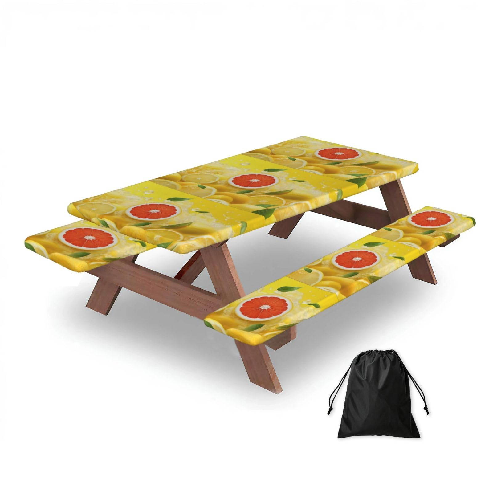 Dopklna As Picture Summer Lemon, Picnic Table Cover With Bench Covers -Waterproof Elastic Fitted Tablecloth For Garden Camping Patio 76X152cm