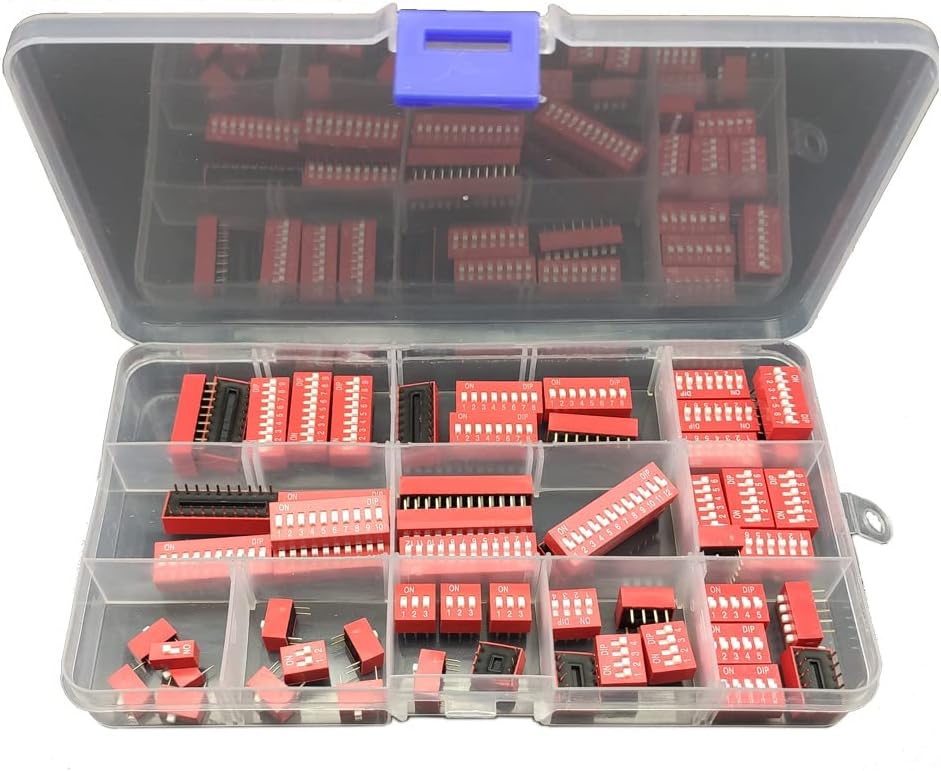 55Pcs Double Row Dip Switch Assorted Kit Box Range 1 2 3 4 5 6 7 8 9 10 12 Position 2.54mm PCB Mountable On Off Dip DIL Switch, Slide Type Red Toggle Switch for Arduino and Circuit Boards