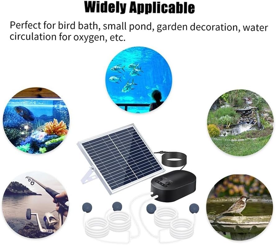 15W Solar Oxygen Pump with 4400mAh Battery Backup, Adjustable Panel and Air Stone for Fish Tank Aerator in Bird Baths and Small Ponds