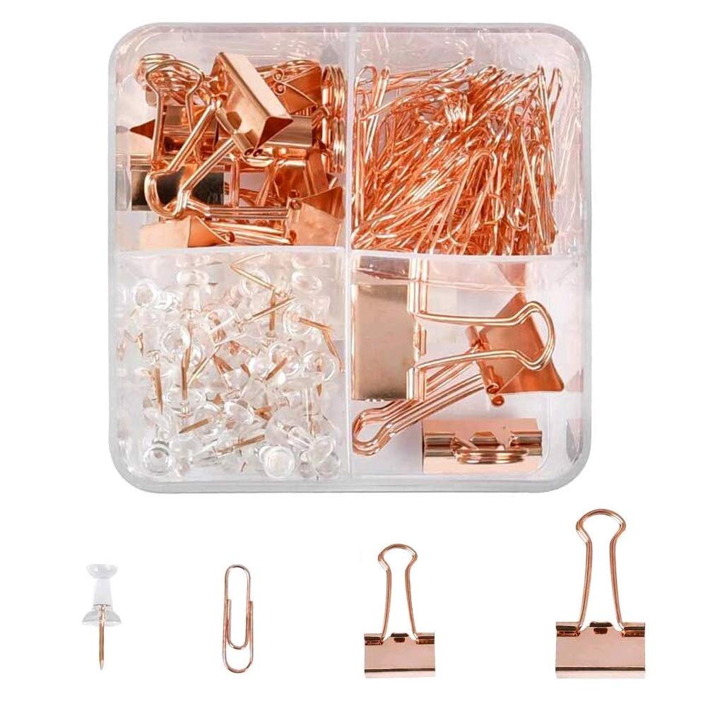 YANSHON Binder Clips Paper Clips Push Pins Set, Rose Gold Paper Clips for Office, School and Home Supplies, Assorted Sizes