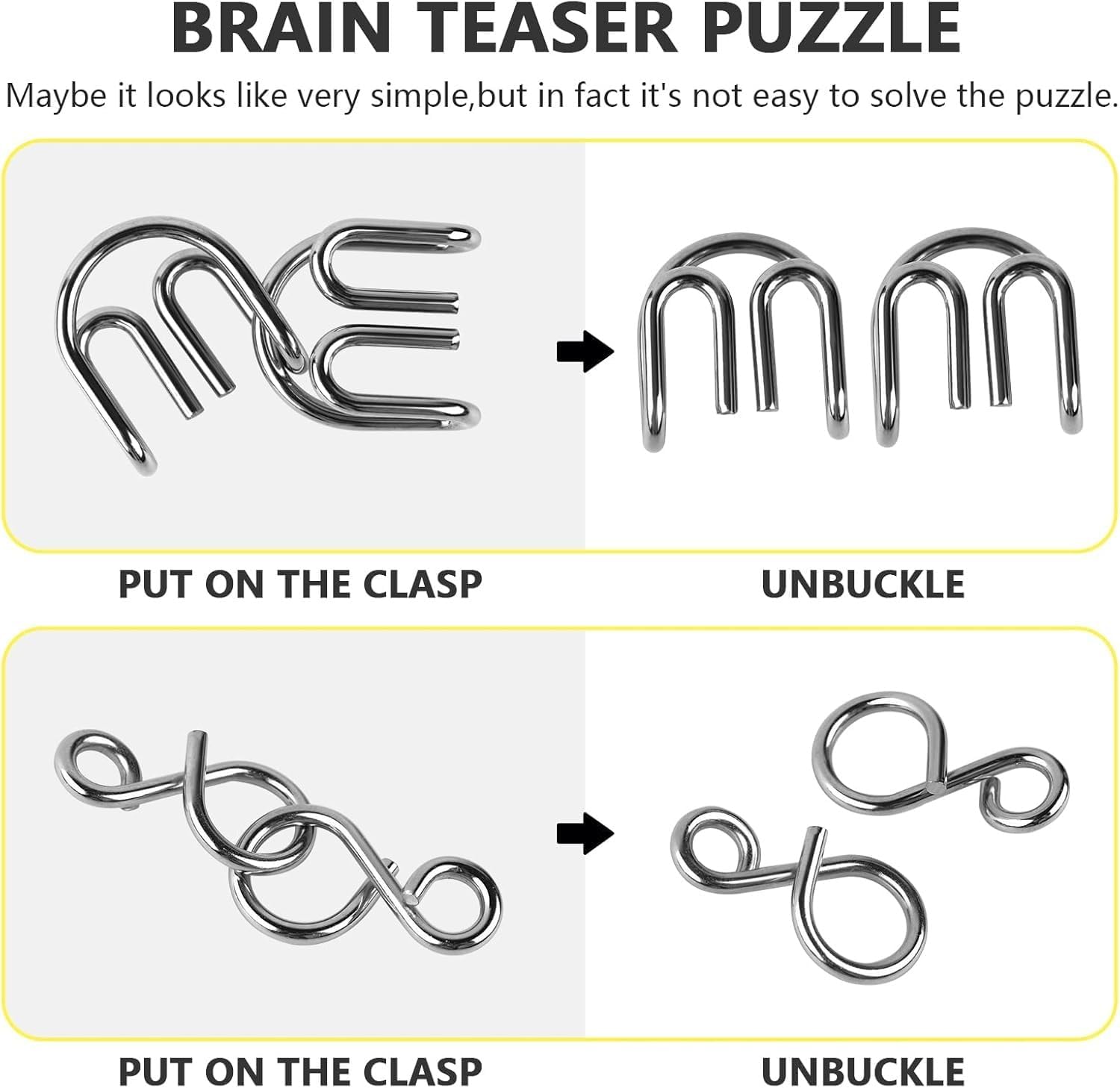 HEAVY DRIVER 8 Pcs Metal Wire Puzzle Set – Brain Teaser IQ Mind Game Educational Disentanglement Puzzles for Kids & Adults (A)