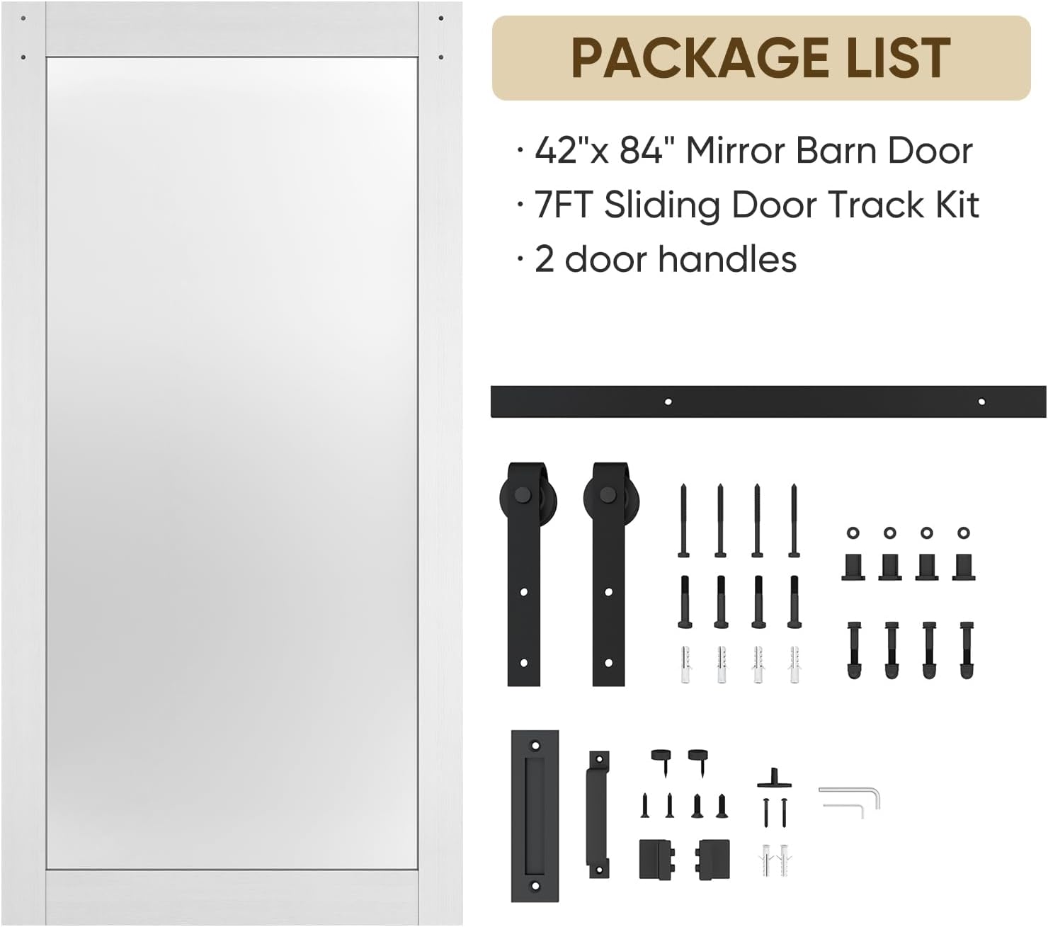BARNSMITH 42in x 84in Mirror Barn Door with 7FT Sliding Door Hardware Kit Included, 1 Lites Full Length Mirror Door, Solid Wood Water-Proof PVC Surface,No Assembly Required,White
