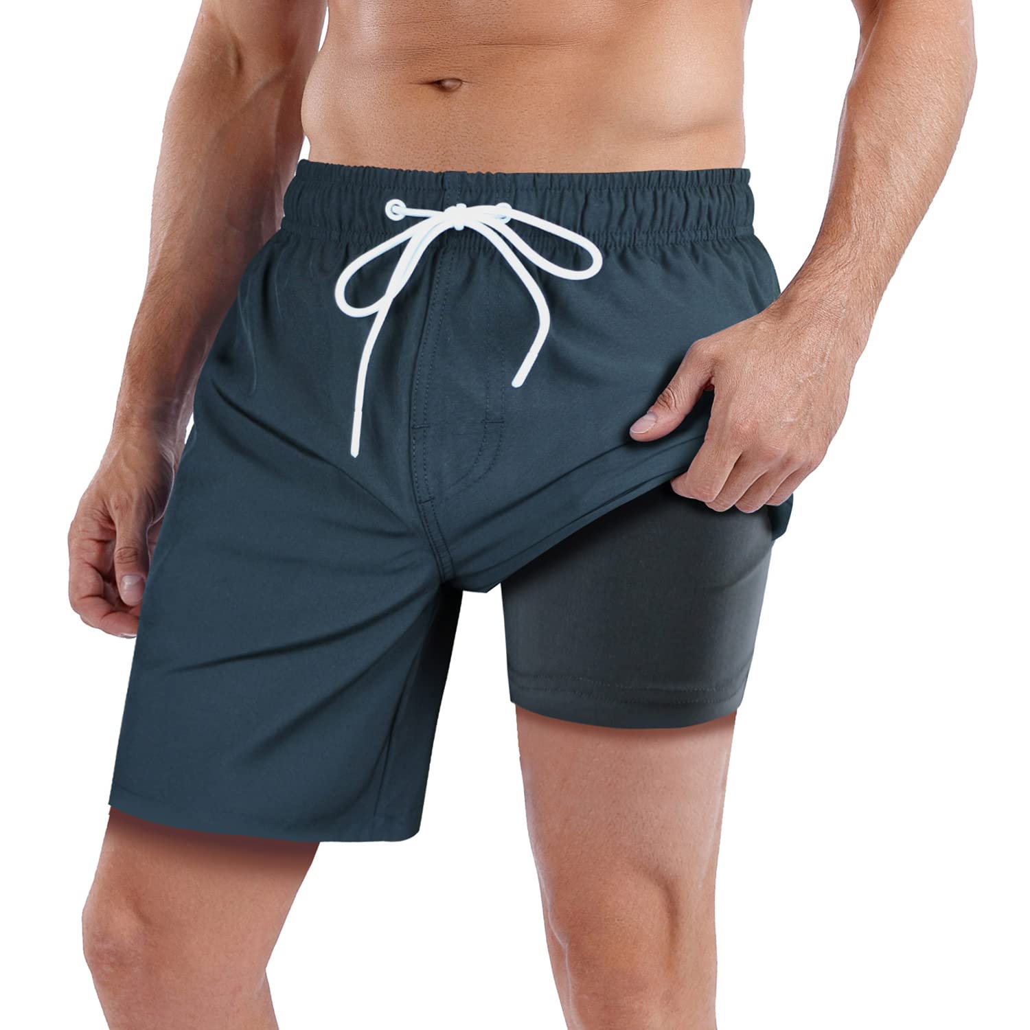 QRANSS Mens Swim Trunks with Compression Lined 7'' Swim Shorts Quick