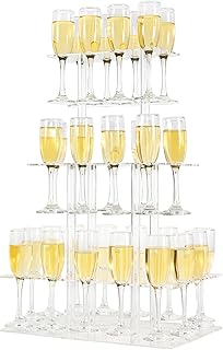 Champagne Tower, Rectangle Acrylic Champagne Display Rack Stand with 32 Slots, 3 Tier Floating Sight Champagne Flute Holder for Party, Wedding, 17.3x11.8x25.5 inch