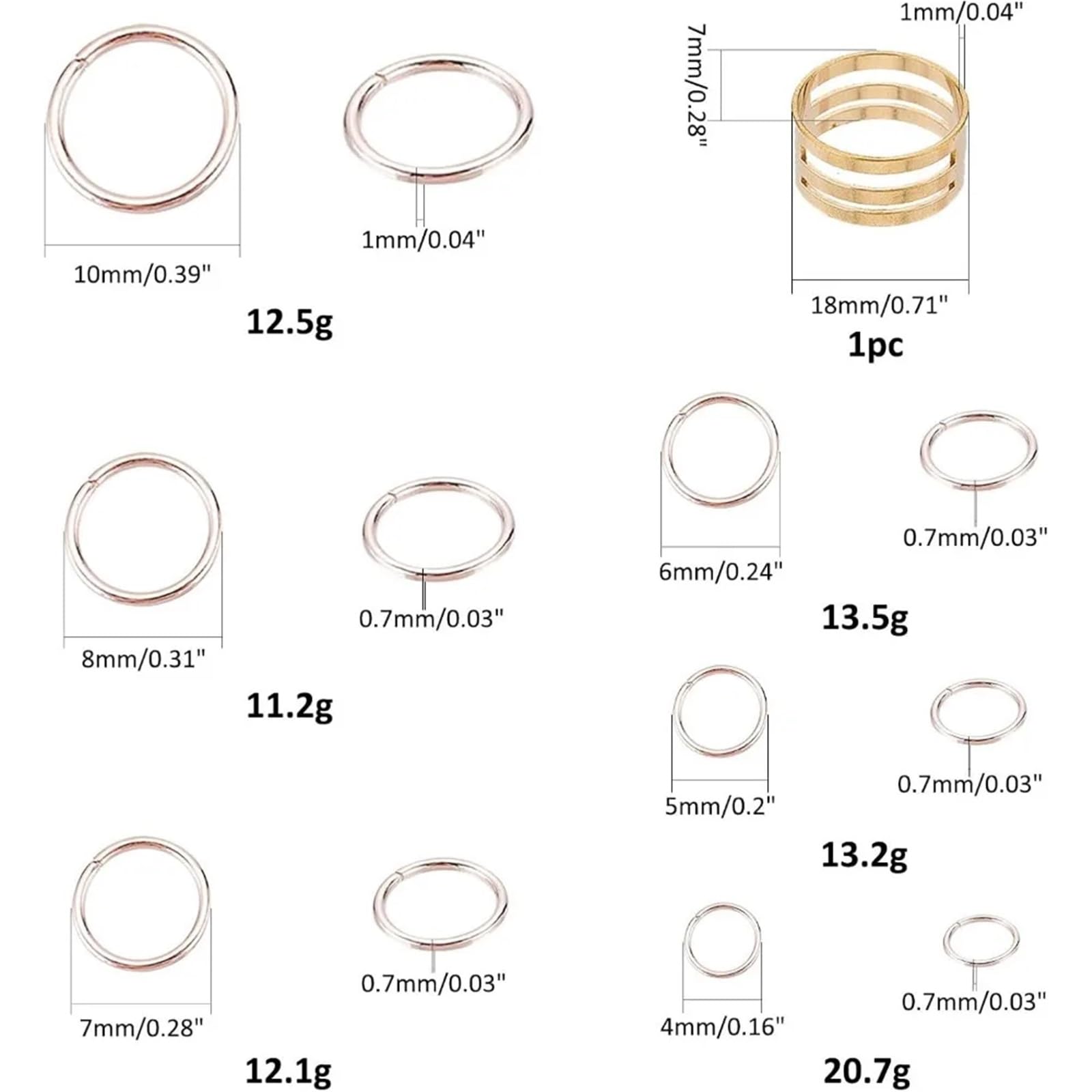 Biegeringe für die Schmuckherstellung, 4 Sets (1 Set mit 1250 Stück), Biegeringe in 6 Größen, Schmuckschlaufen, Ringverschluss, O-Verbinder, rotgoldene Glieder, offen für die Herstellung von Kit