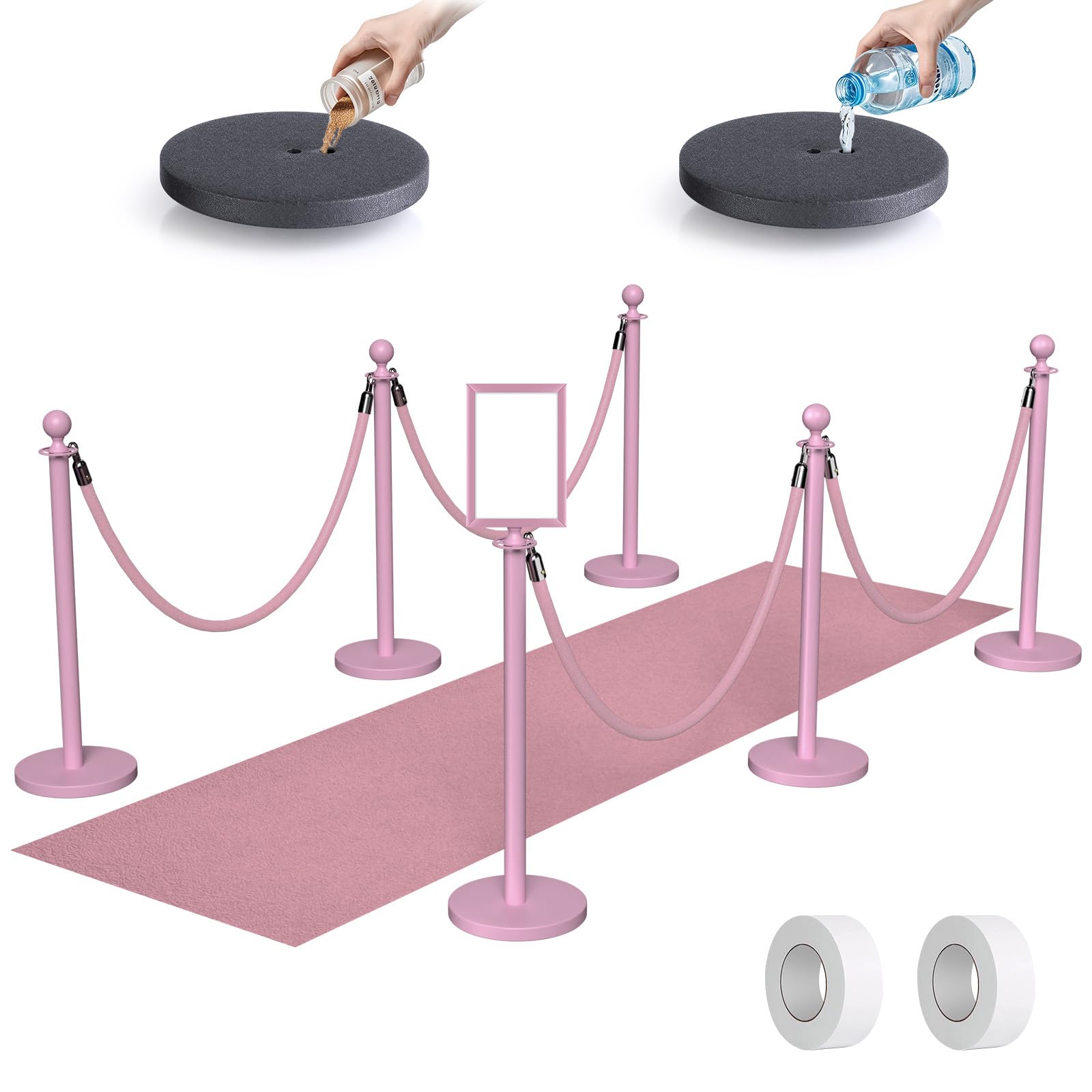 kaiyomi 6Pcs Stanchions Posts Velvet Ropes with Pink Carpet and Sign Frame, Water or Sand-Fillable Base, Suitable for 8.5" x 11" A4 Paper Size Sign