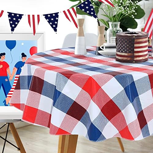 Fitable Blue Red and White Checkered Tablecloth 60 Inch Round, Vinyl 4th of July Tablecloth with Flannel Backing Buffalo Plaid Memorial Day Table Cloth for Independence Day Outdoor Picnic Party