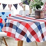 Fitable Blue Red and White Checkered Tablecloth 60 Inch Round, Vinyl 4th of July Tablecloth with Fla