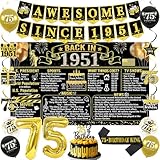 Trgowaul Back in 1951 Birthday Decorations for Men, Black Gold 75th Birthday Party Supplies, Back in 1951 Poster Backdrop Banner, Sash, 75th Cake Topper, Latex Balloon, Cheers to 75 Year Old Set