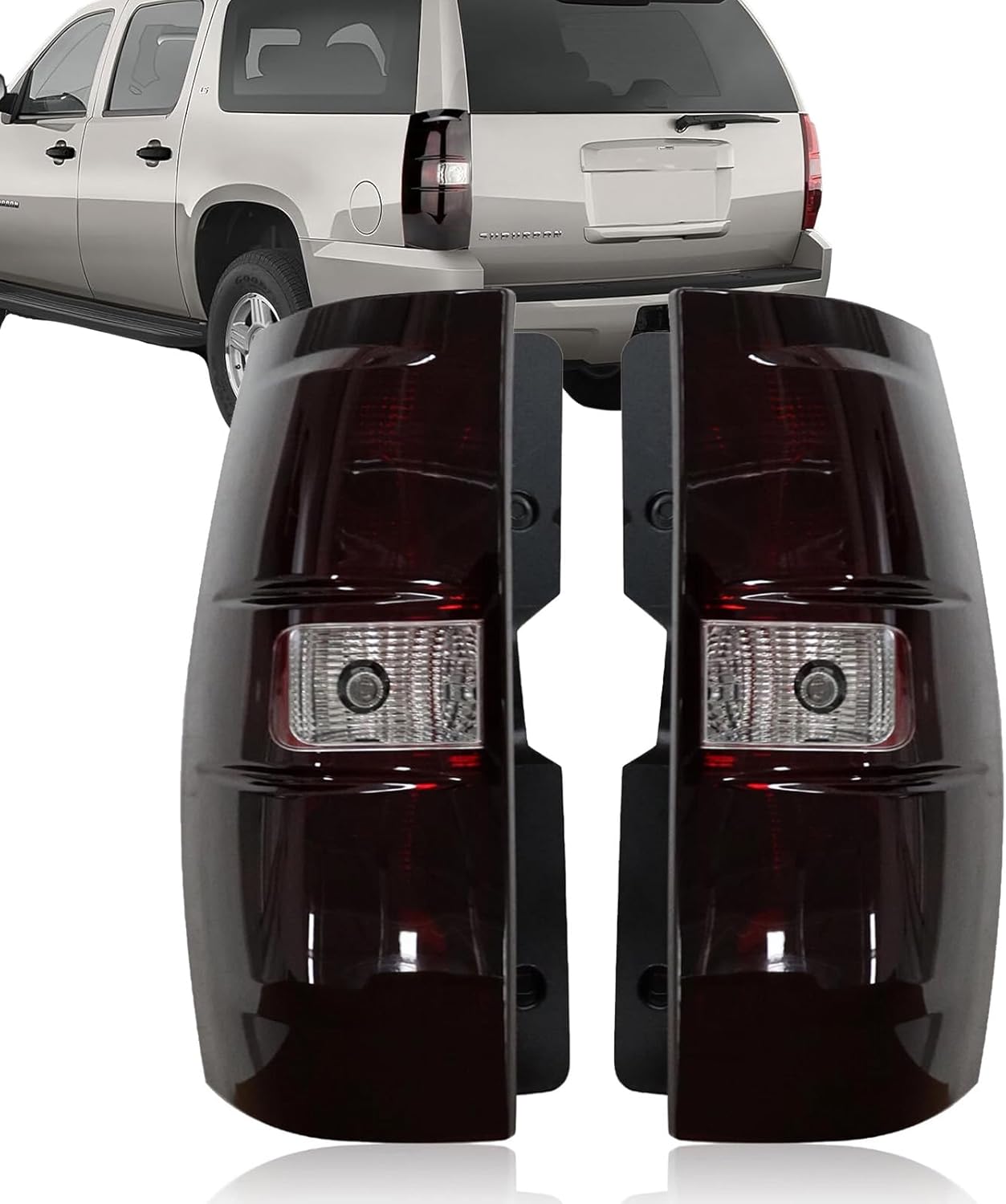 For 2007 2008 2009 2010 2011 2012 2013 2014 Chevy Tahoe Suburban Tail Lights Assembly Replacement 07-14 Rear Brake Lamps Driver and Passenger Side,Red Smoked With Bulb and Harness GM2800196,GM2801196 Black
