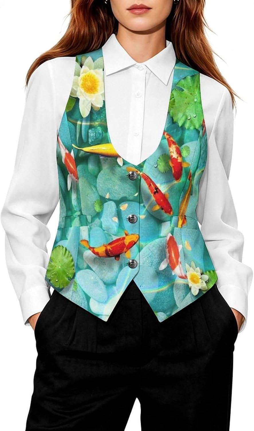 Japanese Pretty Koi Fish Print Women's Suit Vest V Neck Button Down Waistcoat Jacket Business Casual Tops