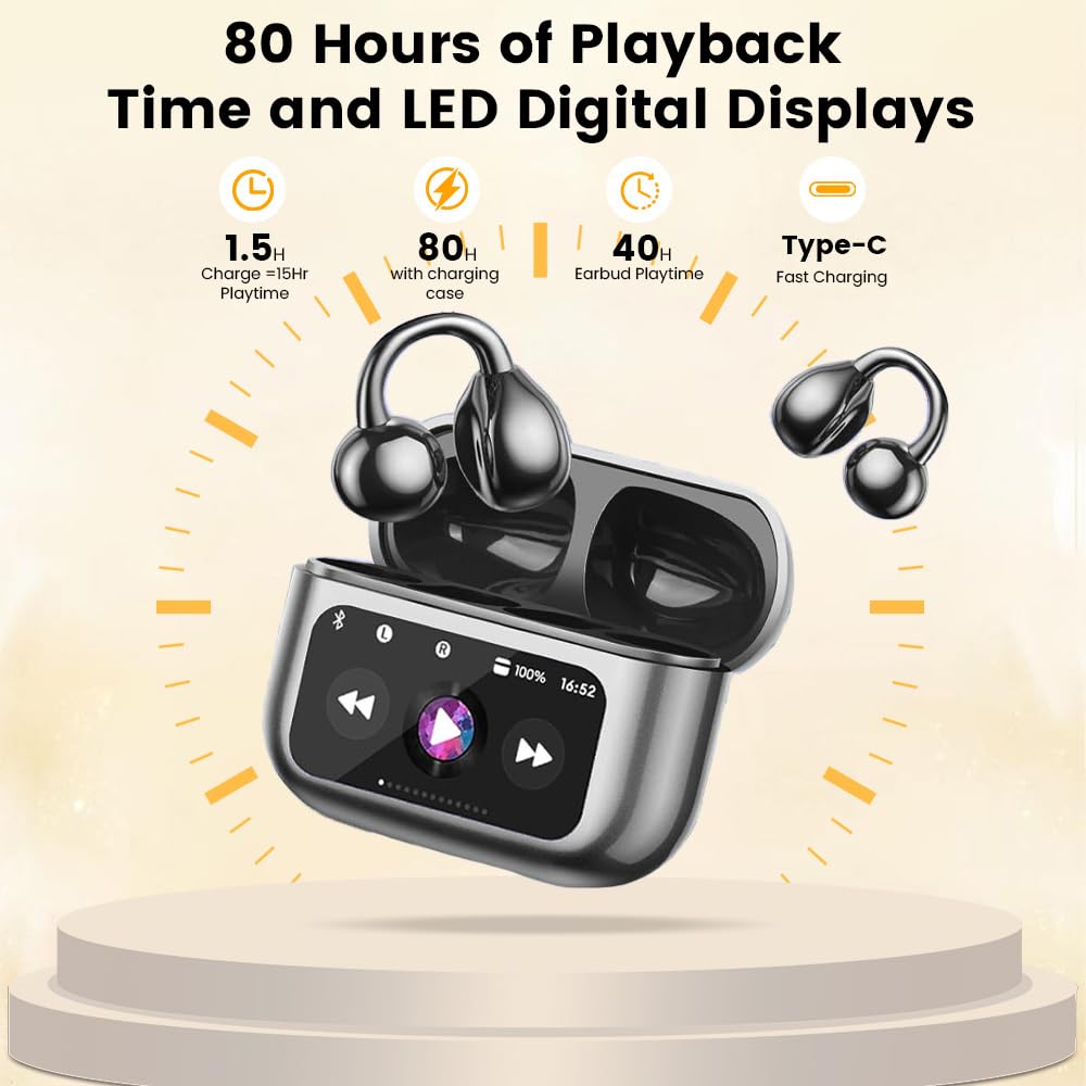 Cuffie a clip, auricolari aperti senza fili, Bluetooth 5.4, con clip e touchscreen LCD, leggere, comode, per tablet, laptop, telefoni Android/iOS, colore nero