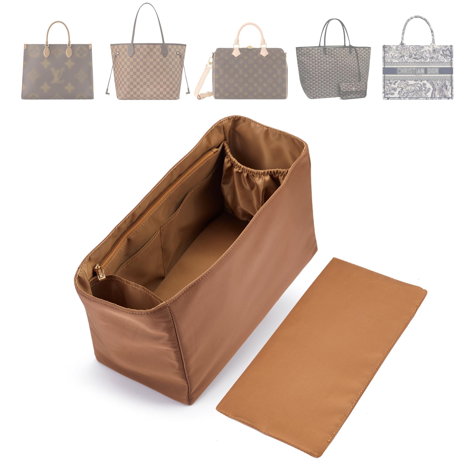 Organizador de nailon para bolso con moldeador de base (marrón, grande) | Volcuna Organizador resistente al agua para bolsas de mano, forro grande con portavasos y bolsa con cremallera