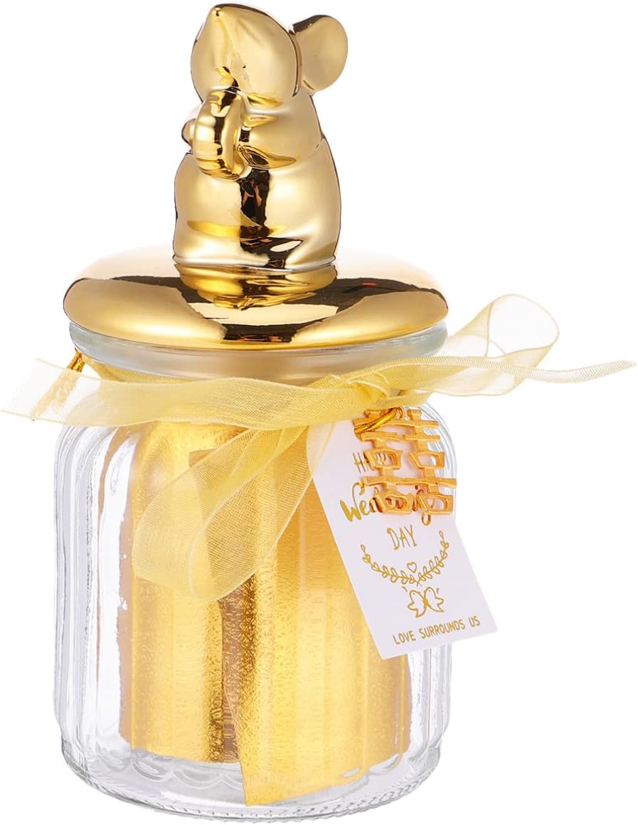 Glass Candy Bottle with Ceramic Animal Lid, Gold-plated Sealed Candy Jar for Wedding Party Favors and Holiday Snack Storage