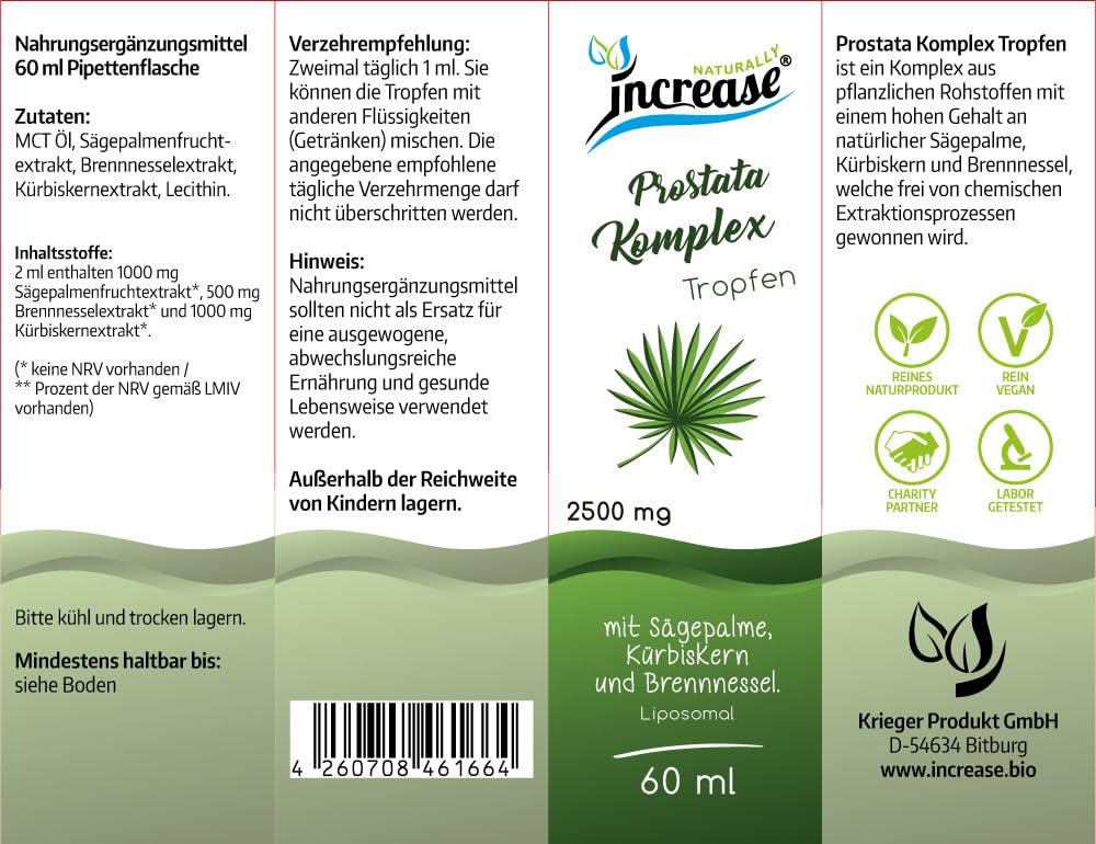 Nimm 3, zahl 2 Aktion Liposomale Prostata Komplex Tropfen hochdosiert - 2500mg Prostata Komplex pro Tag (225.000mg in 3 Flaschen) mit Sägepalmenextrakt, Kürbiskernextrakt und Brennnesselextrakt