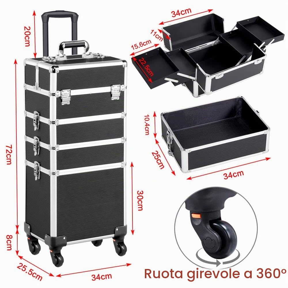 Valigia Trolley 4 in 1 Make Up Valigetta Porta Trucchi Estetista Grande Nero