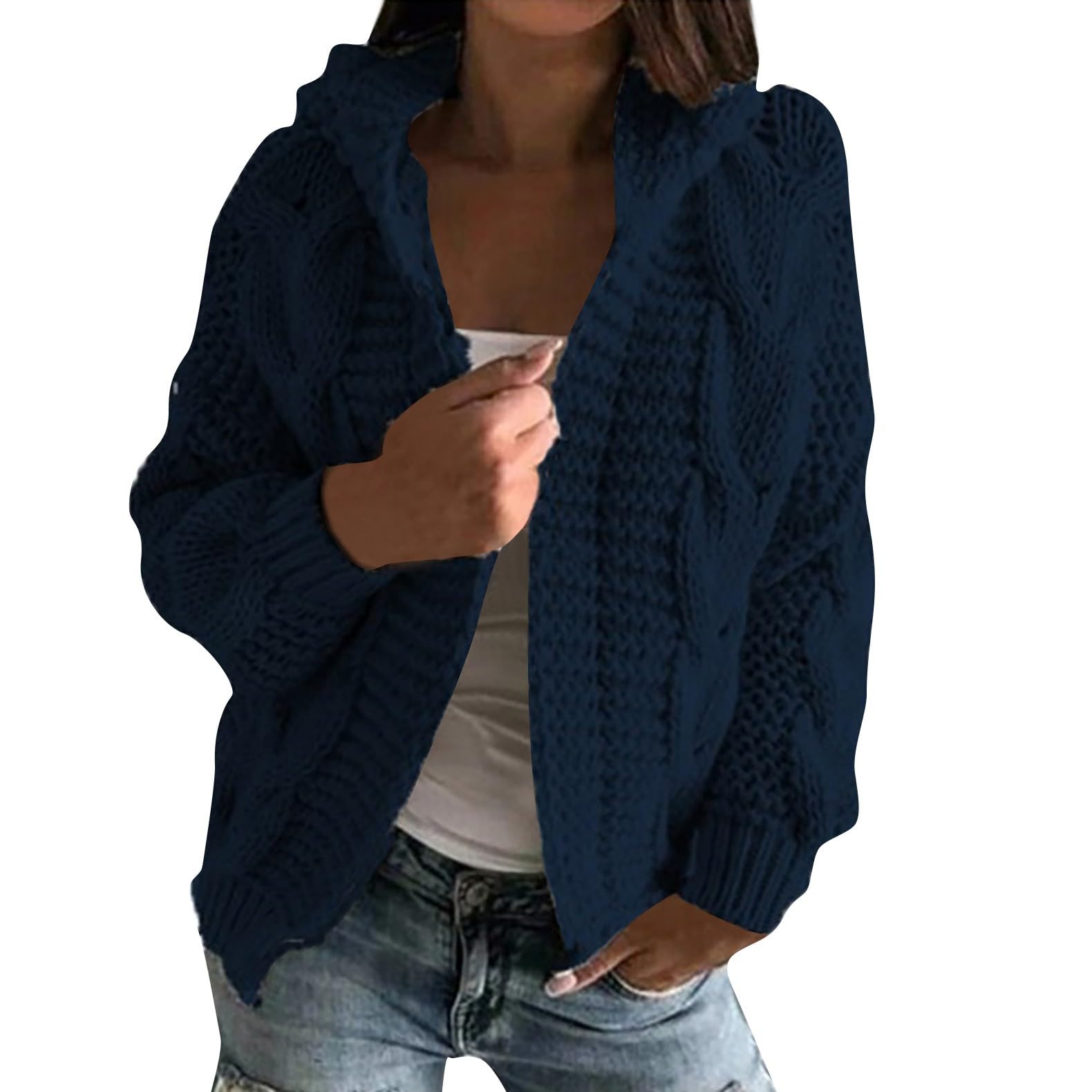 Generisch Strickjacke Damen Mit Kapuze Cardigan Open Front Herbstjacke Warm