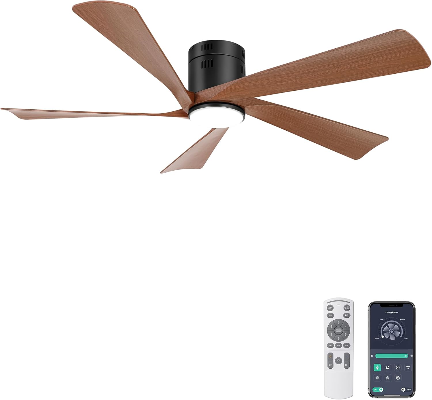 Ohniyou 52” Flush Mount Farmhouse Ceiling Fan with Lights, Remote & APP Control Low Profile Indoor Outdoor Ceiling Fans, Dimmable, Quiet DC Motor, Reversible, Black+Wood Color Walnut Color