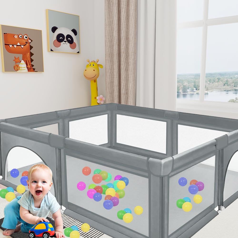 Parque para bebés, parque de juegos para interior y exterior, tejido Oxford, malla transpirable visible, con bolsa de almacenamiento, 50 bolas oceánicas (gris oscuro)