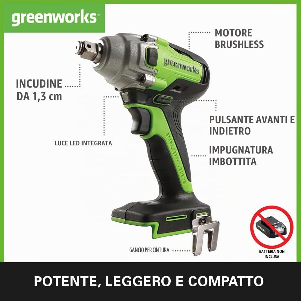 Greenworks GD24IW400 Bullonatrice a Impulsi a Batteria con Motore Brushless, 0-2800 giri/min., 0-4000ipm, 400Nm di Coppia, Attacco da 1/2" (1,27cm) SENZA Batteria 24V e Caricabatterie, Garanzia 3 Anni