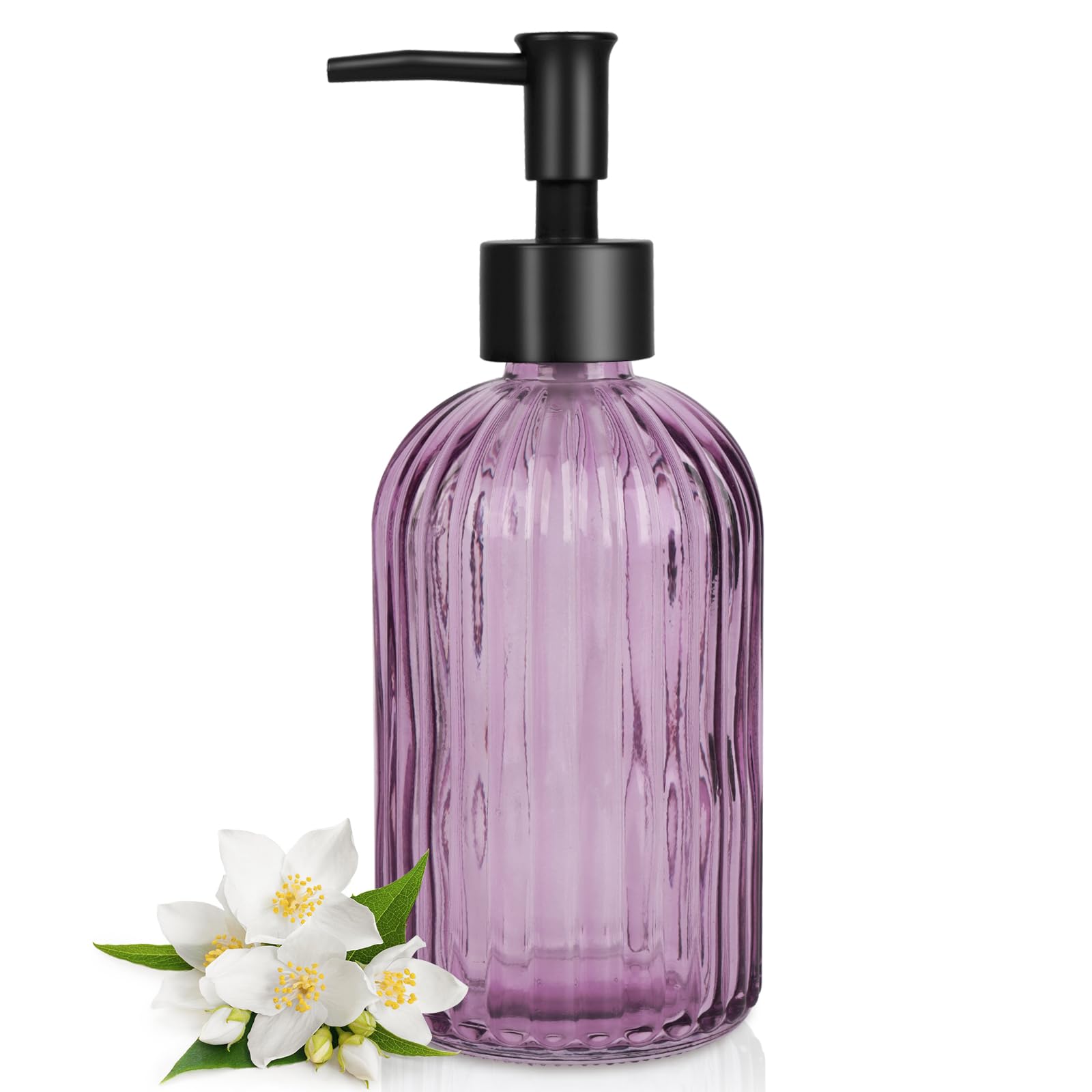 Topsky Glass Soap Dispenser with Black Plastic Pump, 400ml Liquid Hand Soap Dispenser, Rustproof Pump for Kitchen & Bathroom, Great for Lotions, Essential Oil, Liquid Soaps (Purple)
