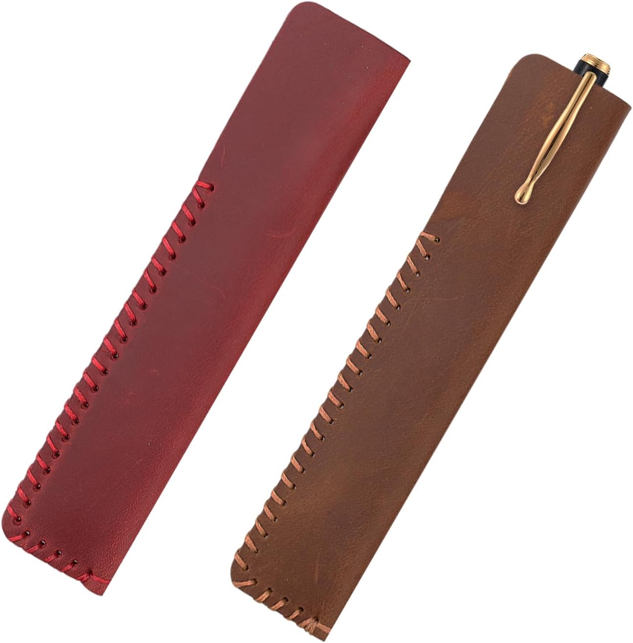 Yitexin 2 Pieces Handmade Genuine Leather Single Pen Pouch, Soft Fountain Pen Sleeve Case, Vintage Leather Pencil Holder Protective Cover for Stylus Ballpoint Office Business Gift (Brown & Wine Red)